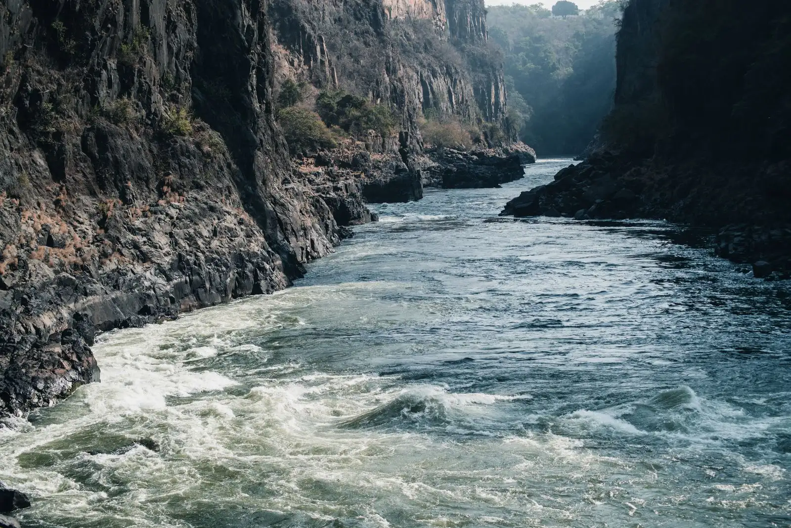 The Zambezi rushing through the steep gorge below the falls