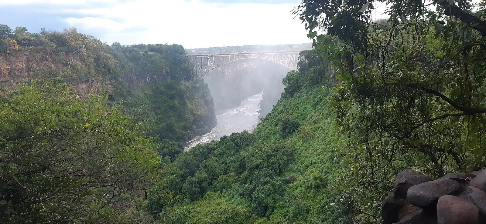 The bridge over the gorge framed by trees, the river below