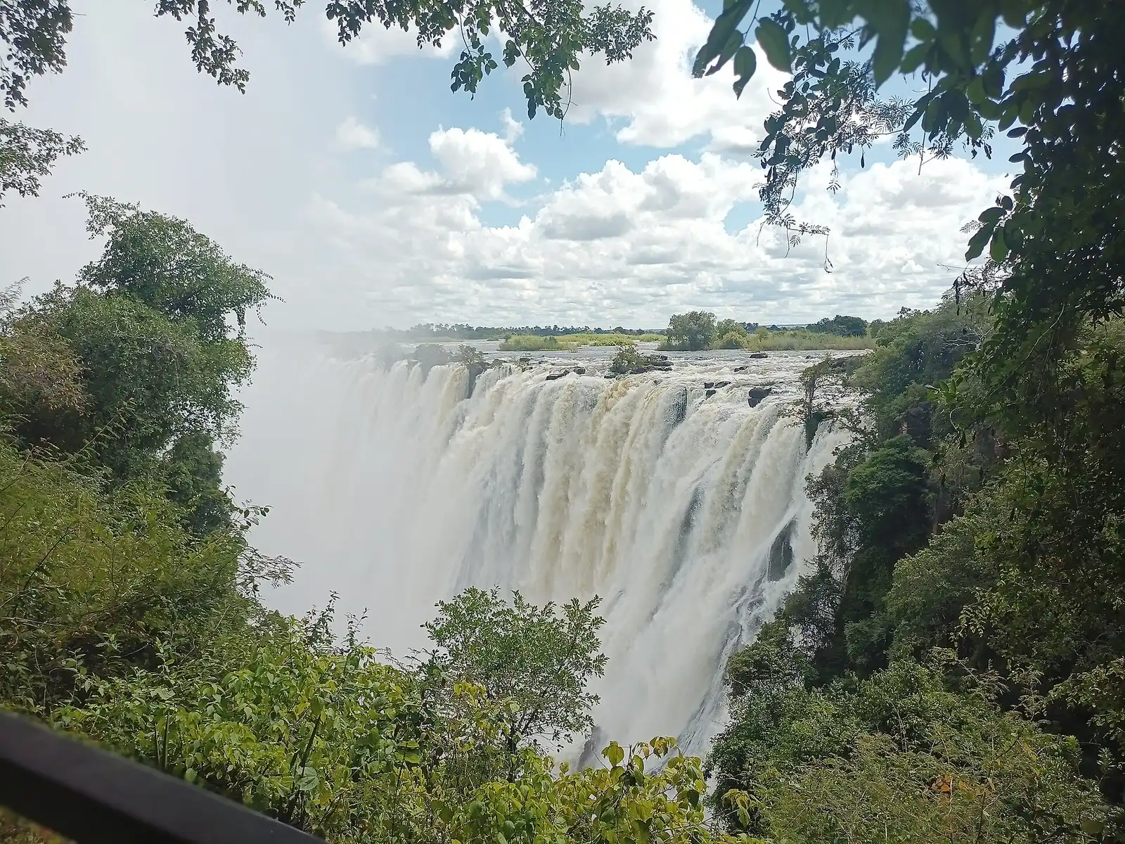 High-water falls seen through trees from the Zambian side