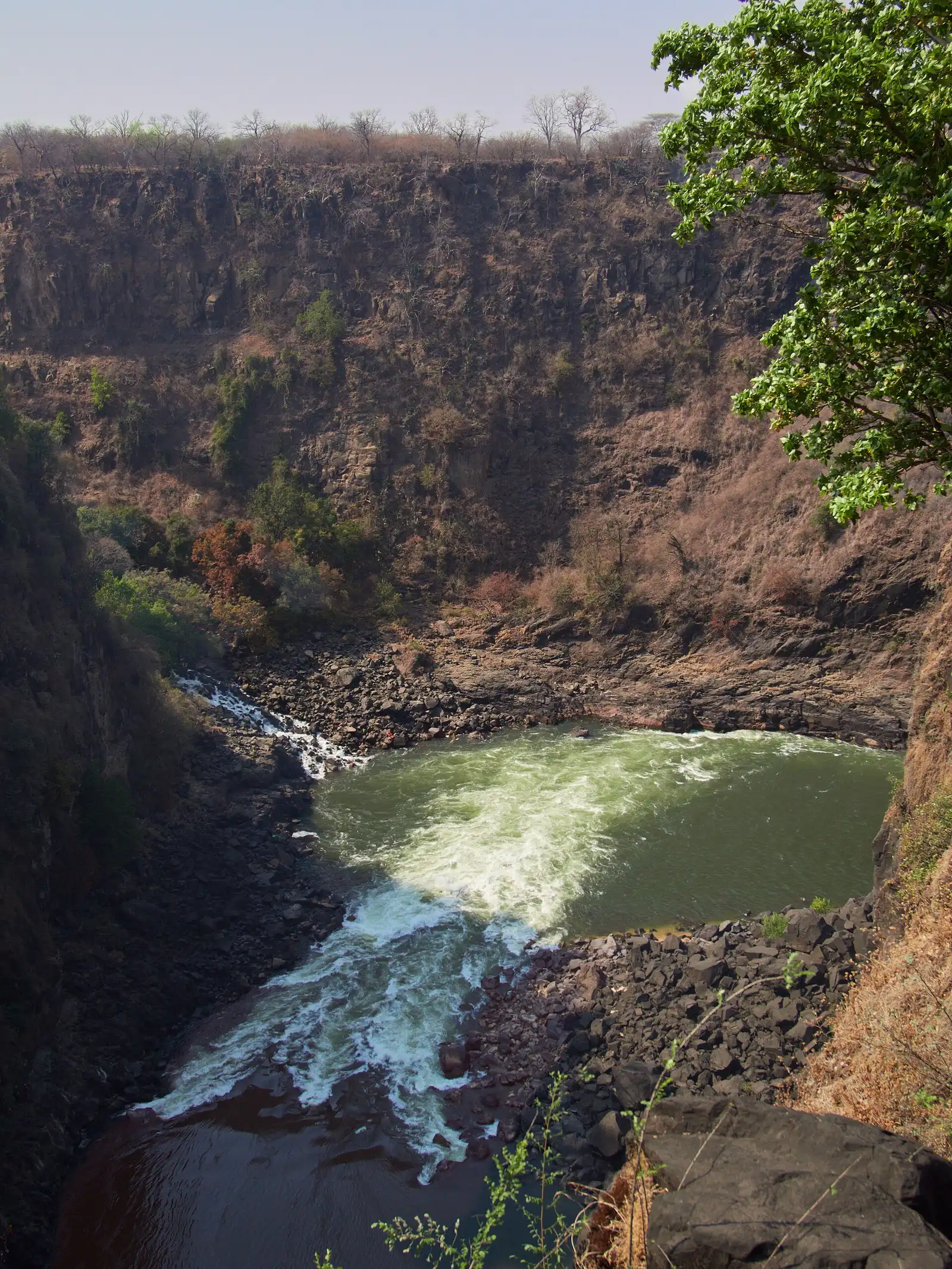 The Zambezi River flowing through the gorge below Victoria Falls during low water season.