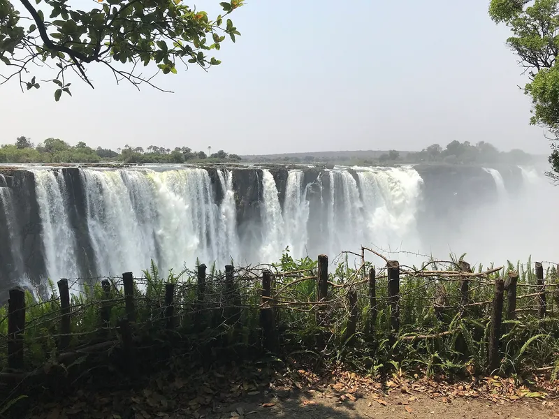 The falls across a wooden fence and ferns at a viewpoint